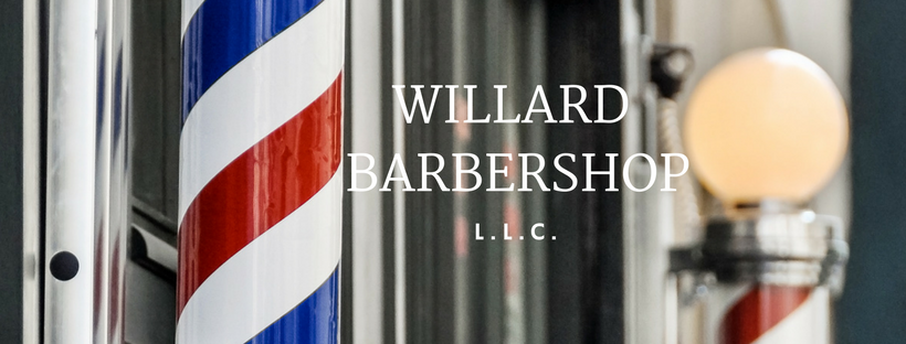 Original Willard Barbershop photographic banner with traditional barber poles